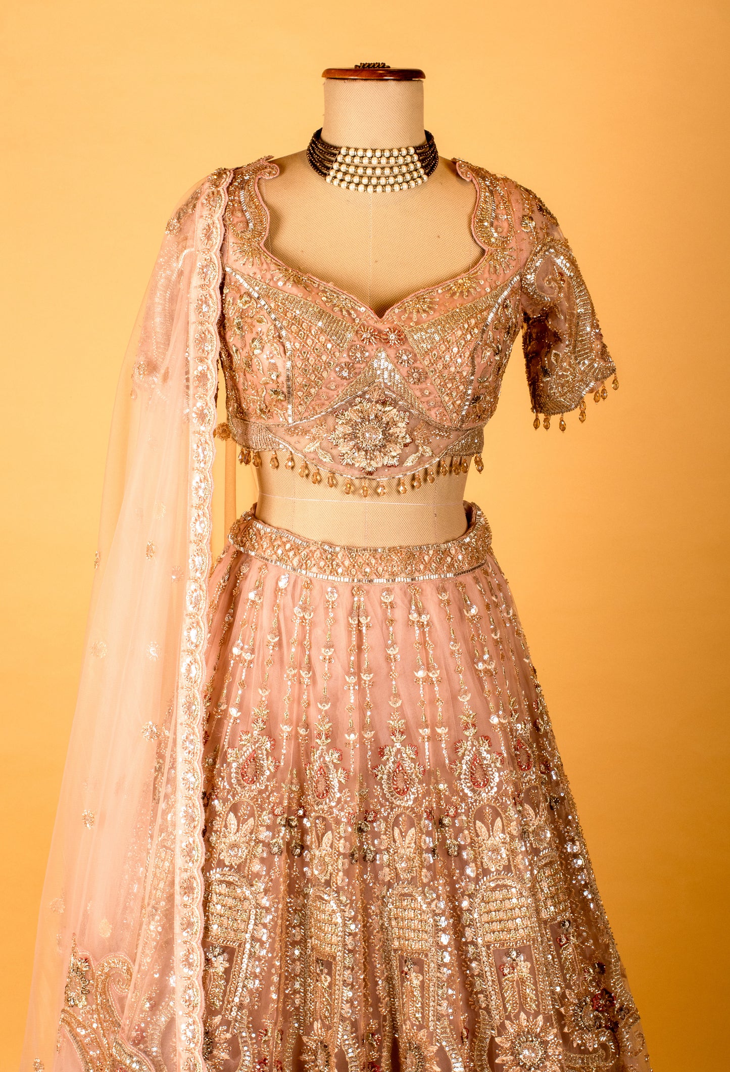 Rose Gold Embellished Crop Top Lehenga Set with Heavy Work & Net Dupatta