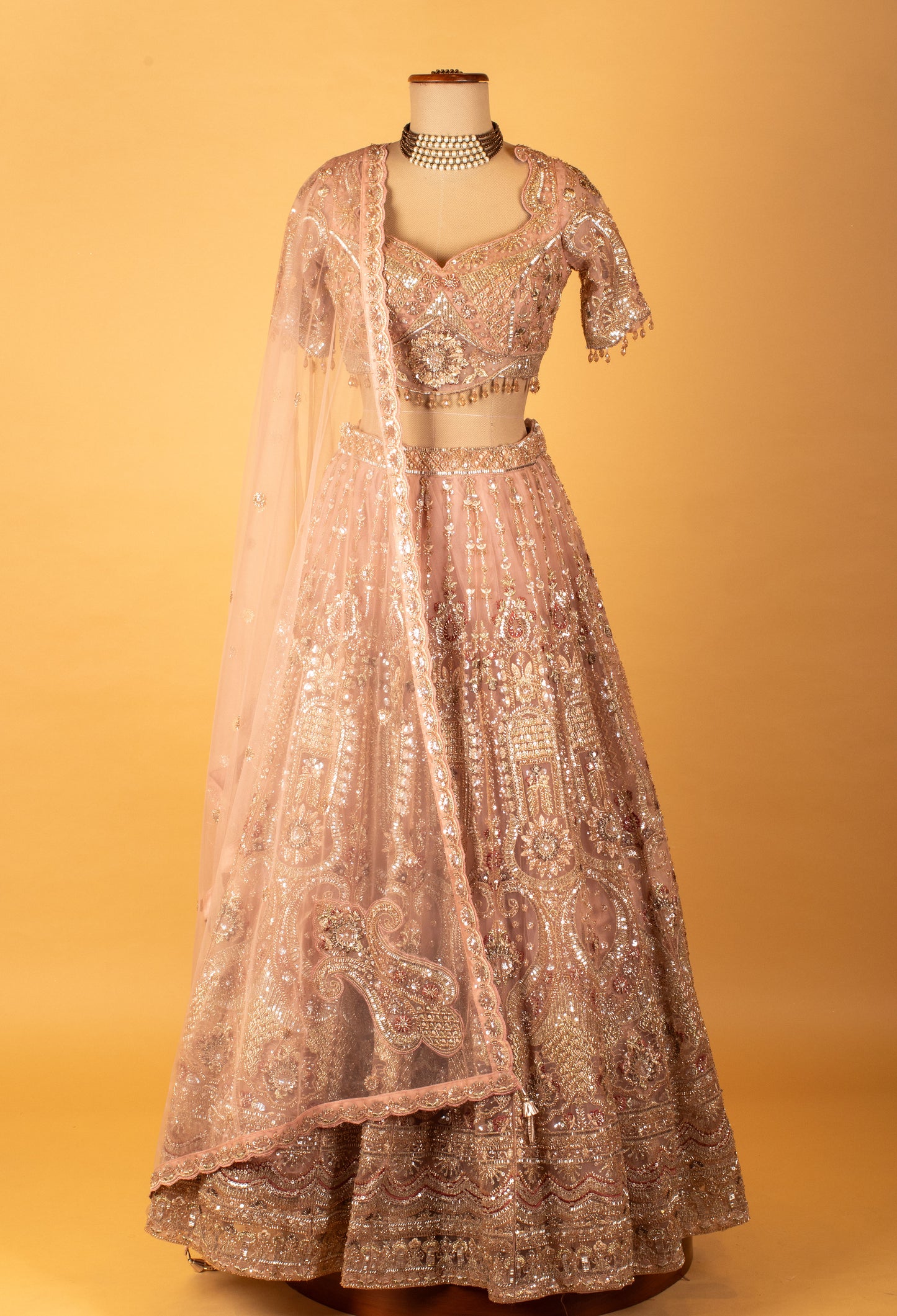 Rose Gold Embellished Crop Top Lehenga Set with Heavy Work & Net Dupatta