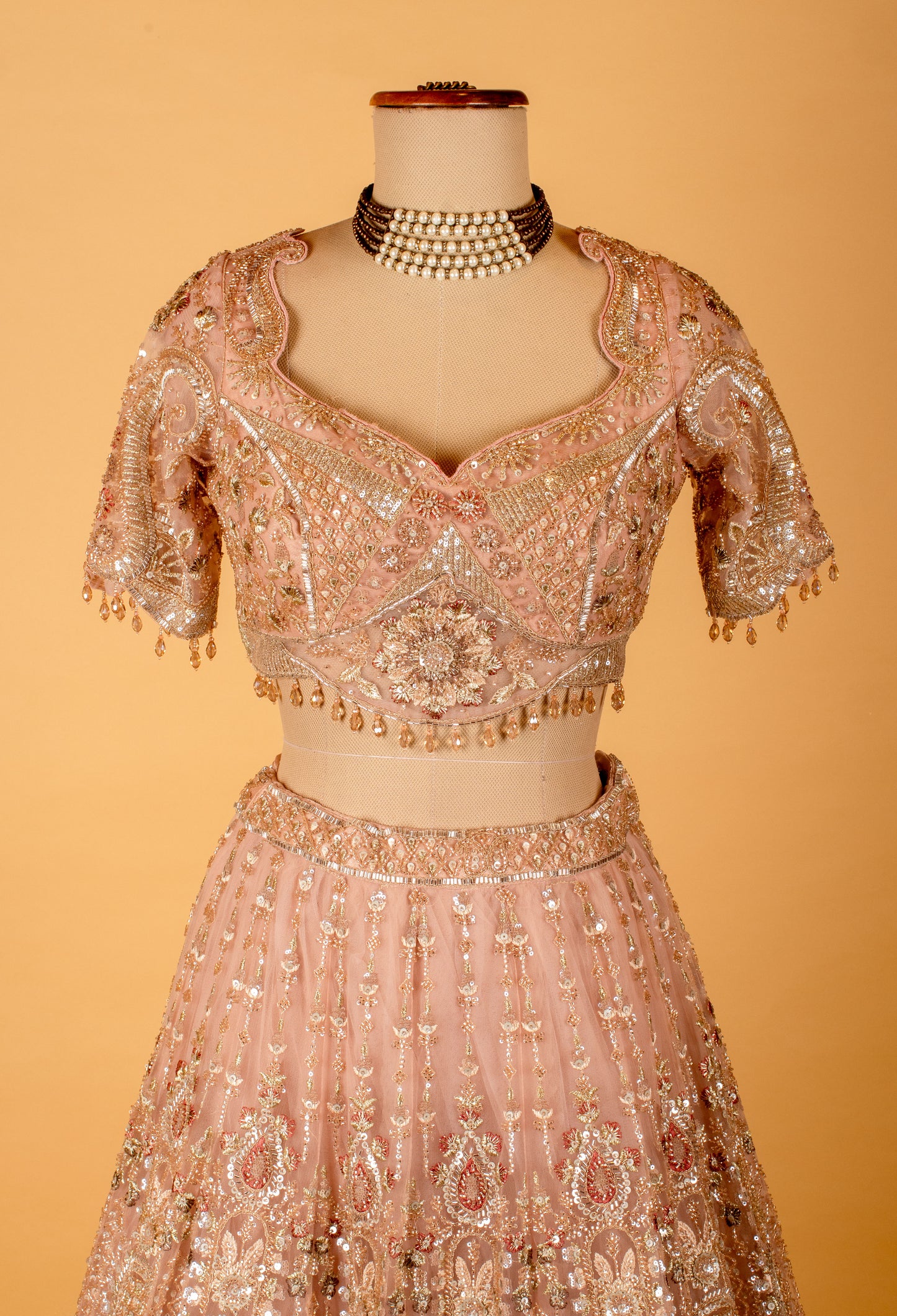 Rose Gold Embellished Crop Top Lehenga Set with Heavy Work & Net Dupatta