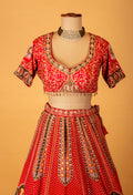 Red Printed Crop Top Lehenga Set with Traditional Motifs & Dupatta