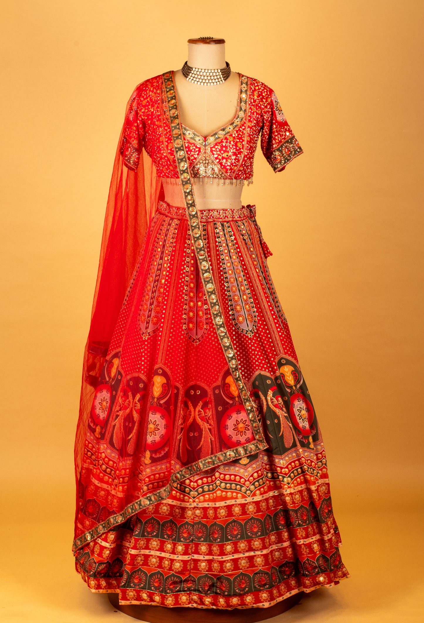 Red Printed Crop Top Lehenga Set with Traditional Motifs & Dupatta