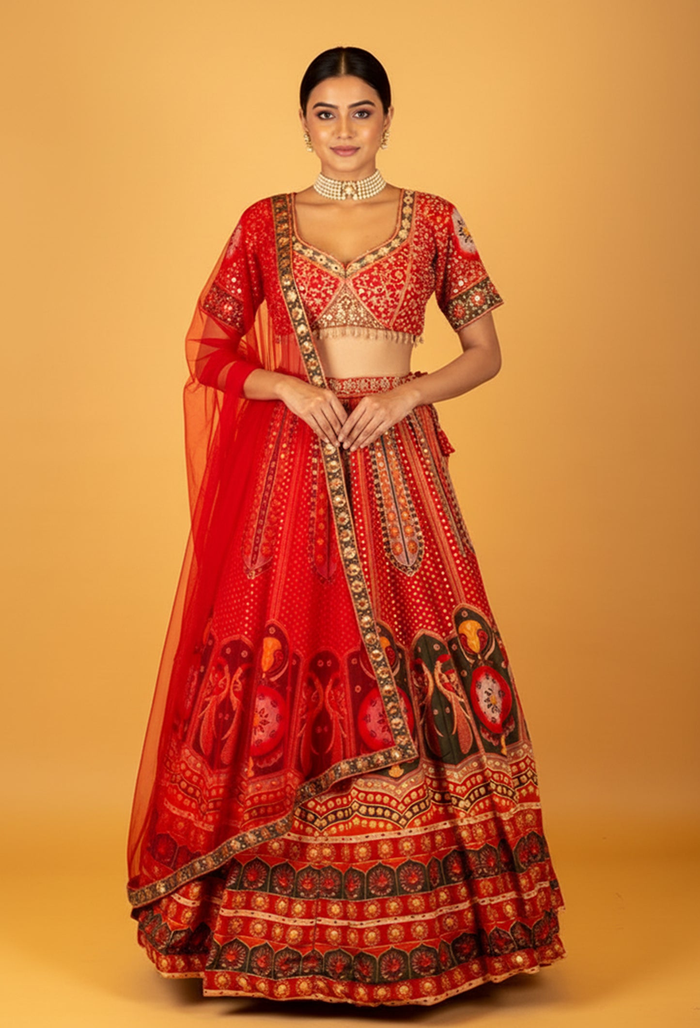 Red Printed Crop Top Lehenga Set with Traditional Motifs & Dupatta