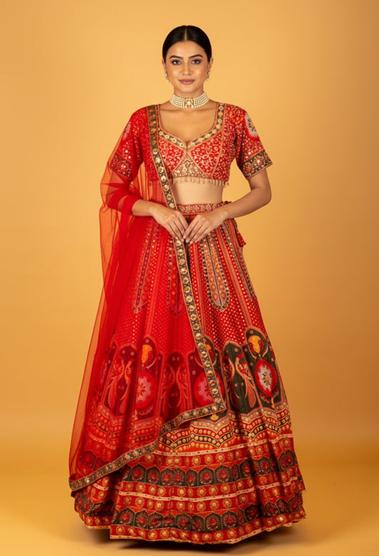 Red Printed Crop Top Lehenga Set with Traditional Motifs & Dupatta