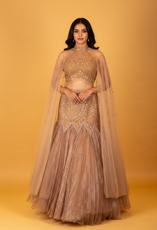 Champagne Gold Embellished Crop Top Lehenga Set with Sheer Cape
