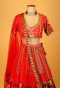 Red Printed Crop Top Lehenga Set with Traditional Motifs & Dupatta