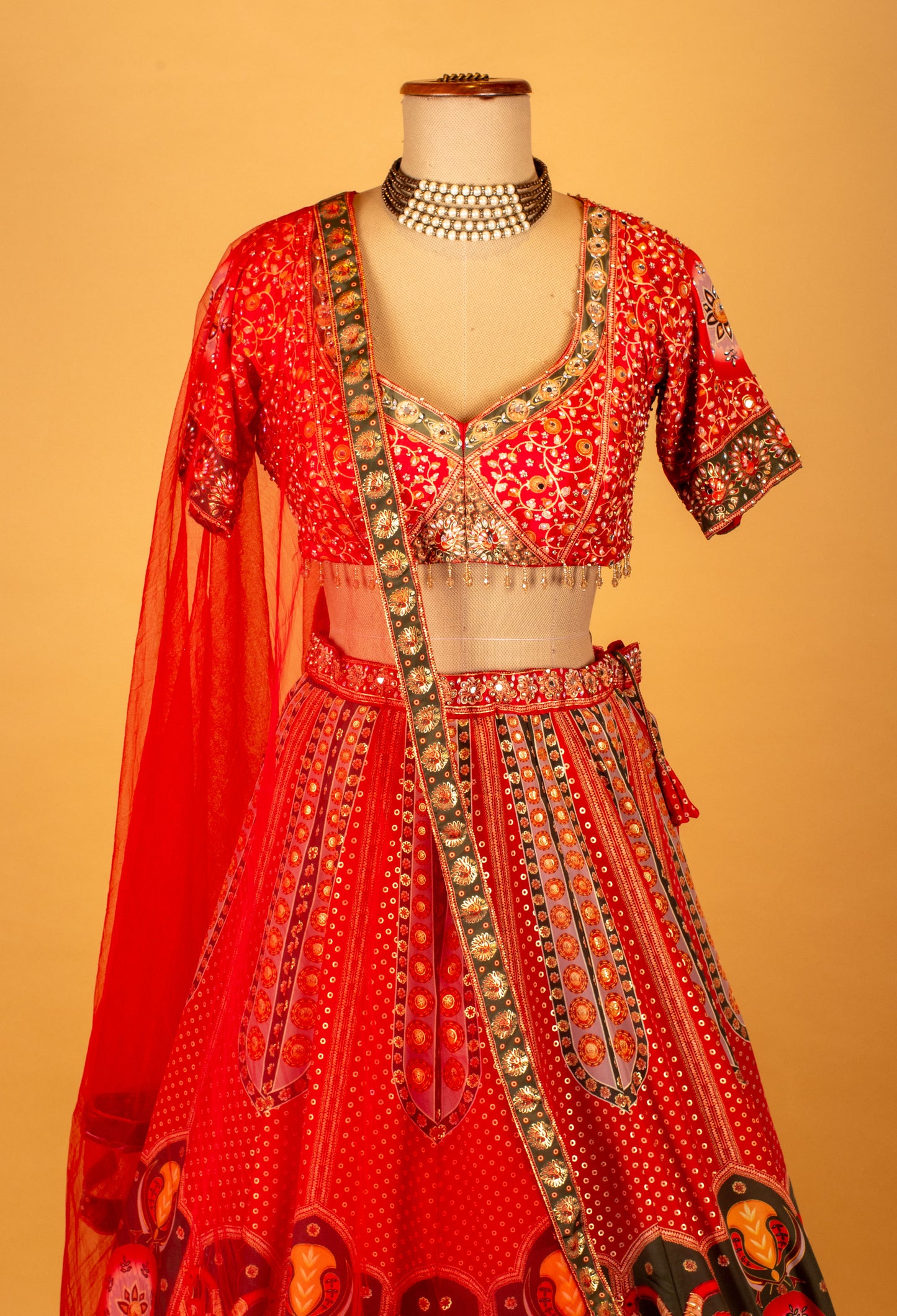 Red Printed Crop Top Lehenga Set with Traditional Motifs & Dupatta