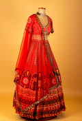Red Printed Crop Top Lehenga Set with Traditional Motifs & Dupatta