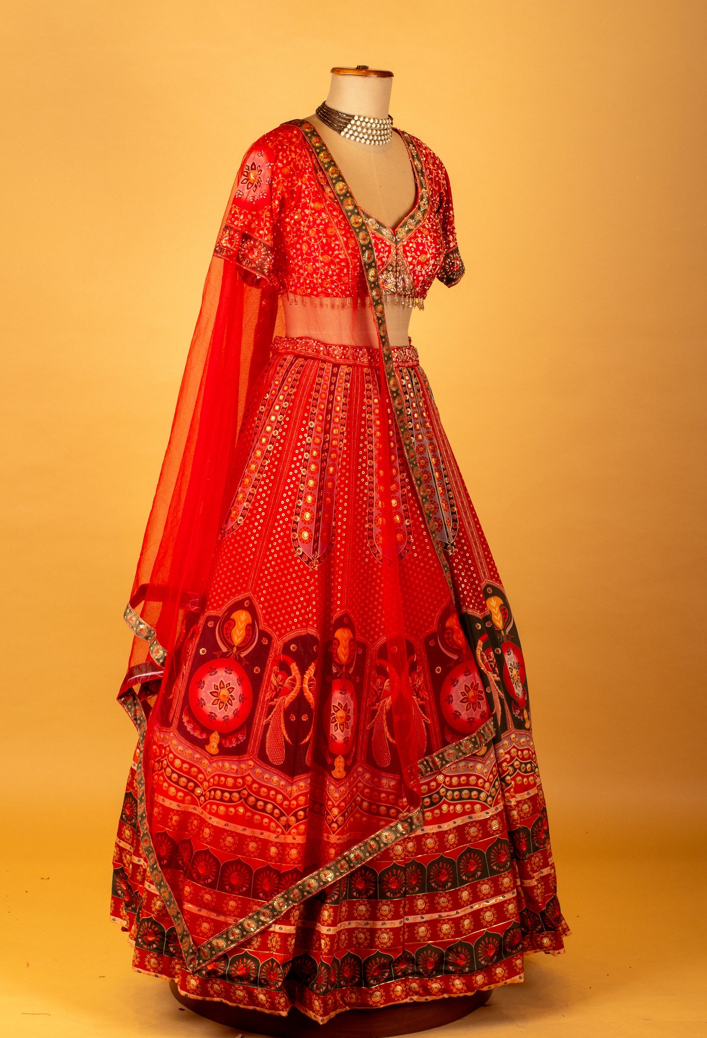 Red Printed Crop Top Lehenga Set with Traditional Motifs & Dupatta