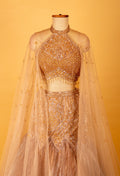 Champagne Gold Embellished Crop Top Lehenga Set with Sheer Cape