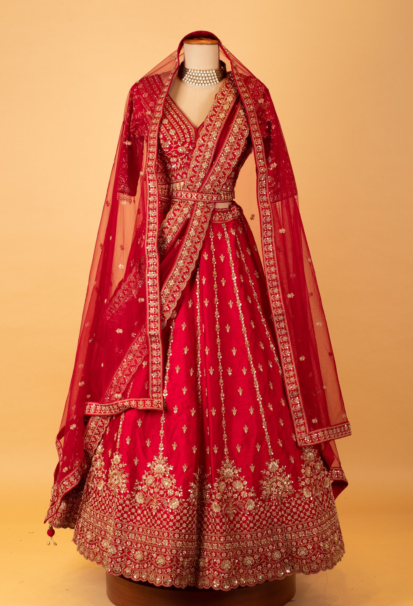 Deep Red Bridal Embroidered Crop Top Lehenga Set with Net Dupatta