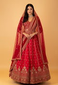 Deep Red Bridal Embroidered Crop Top Lehenga Set with Net Dupatta