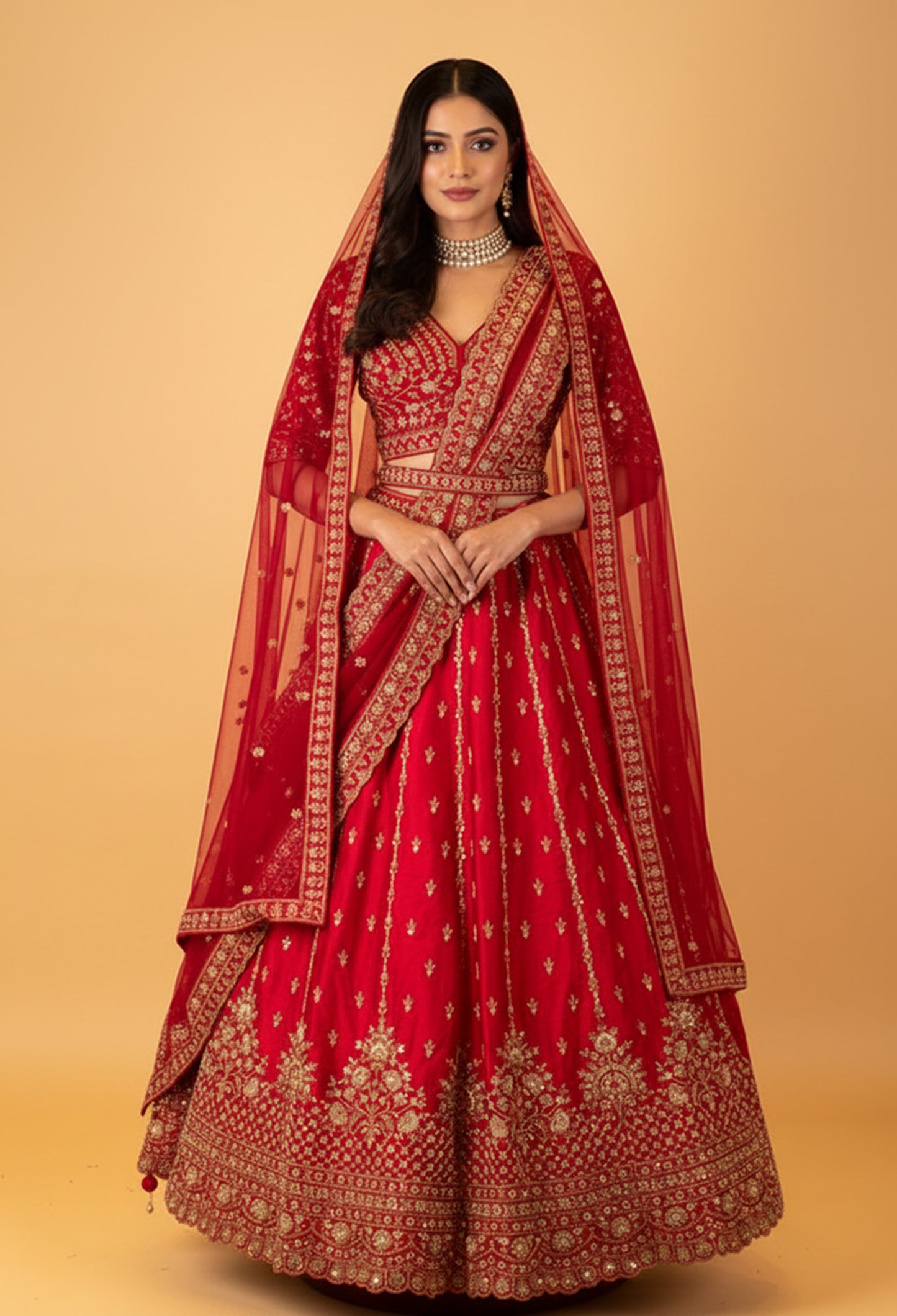Deep Red Bridal Embroidered Crop Top Lehenga Set with Net Dupatta
