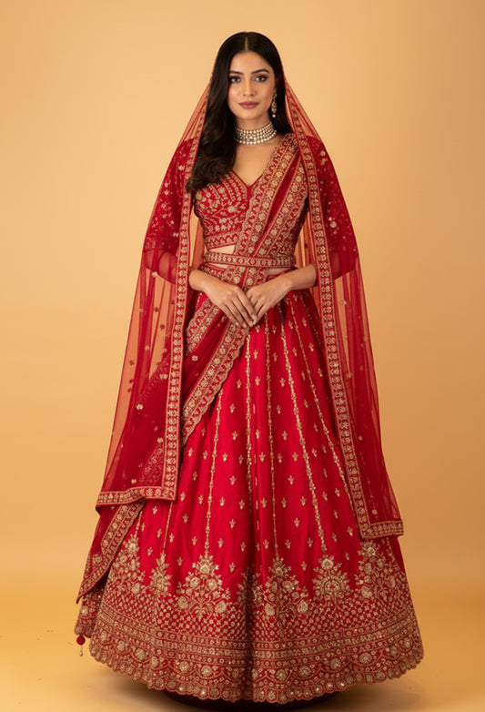 Deep Red Bridal Embroidered Crop Top Lehenga Set with Net Dupatta