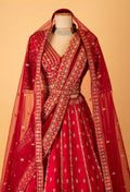 Deep Red Bridal Embroidered Crop Top Lehenga Set with Net Dupatta