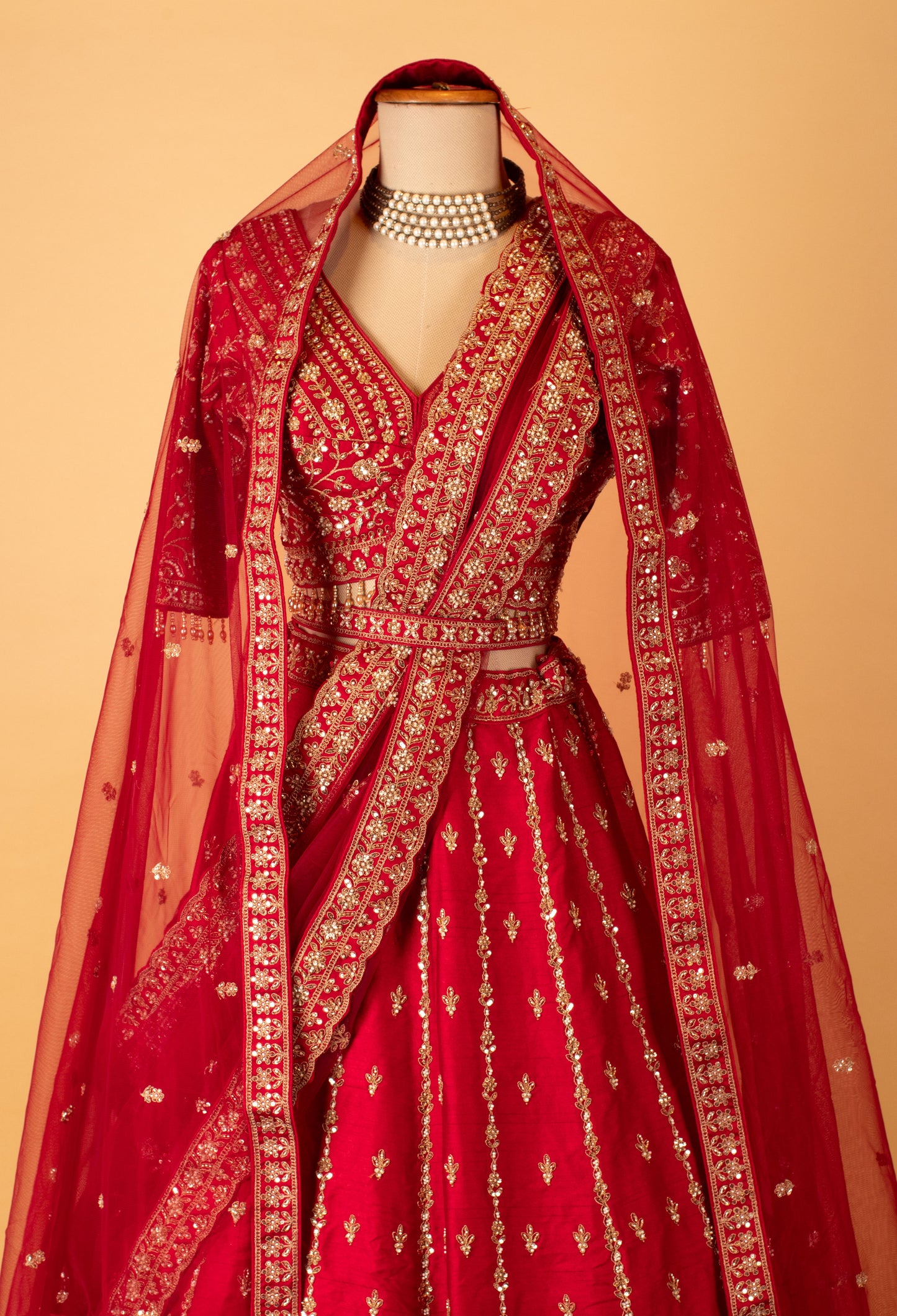 Deep Red Bridal Embroidered Crop Top Lehenga Set with Net Dupatta