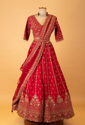 Deep Red Bridal Embroidered Crop Top Lehenga Set with Net Dupatta