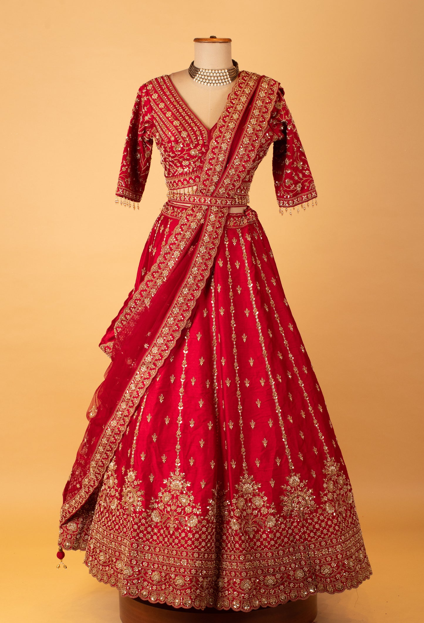Deep Red Bridal Embroidered Crop Top Lehenga Set with Net Dupatta