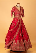 Deep Red Bridal Embroidered Crop Top Lehenga Set with Net Dupatta