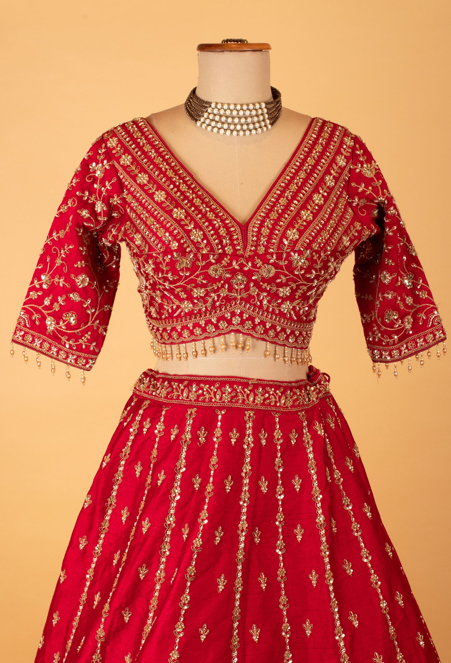 Deep Red Bridal Embroidered Crop Top Lehenga Set with Net Dupatta