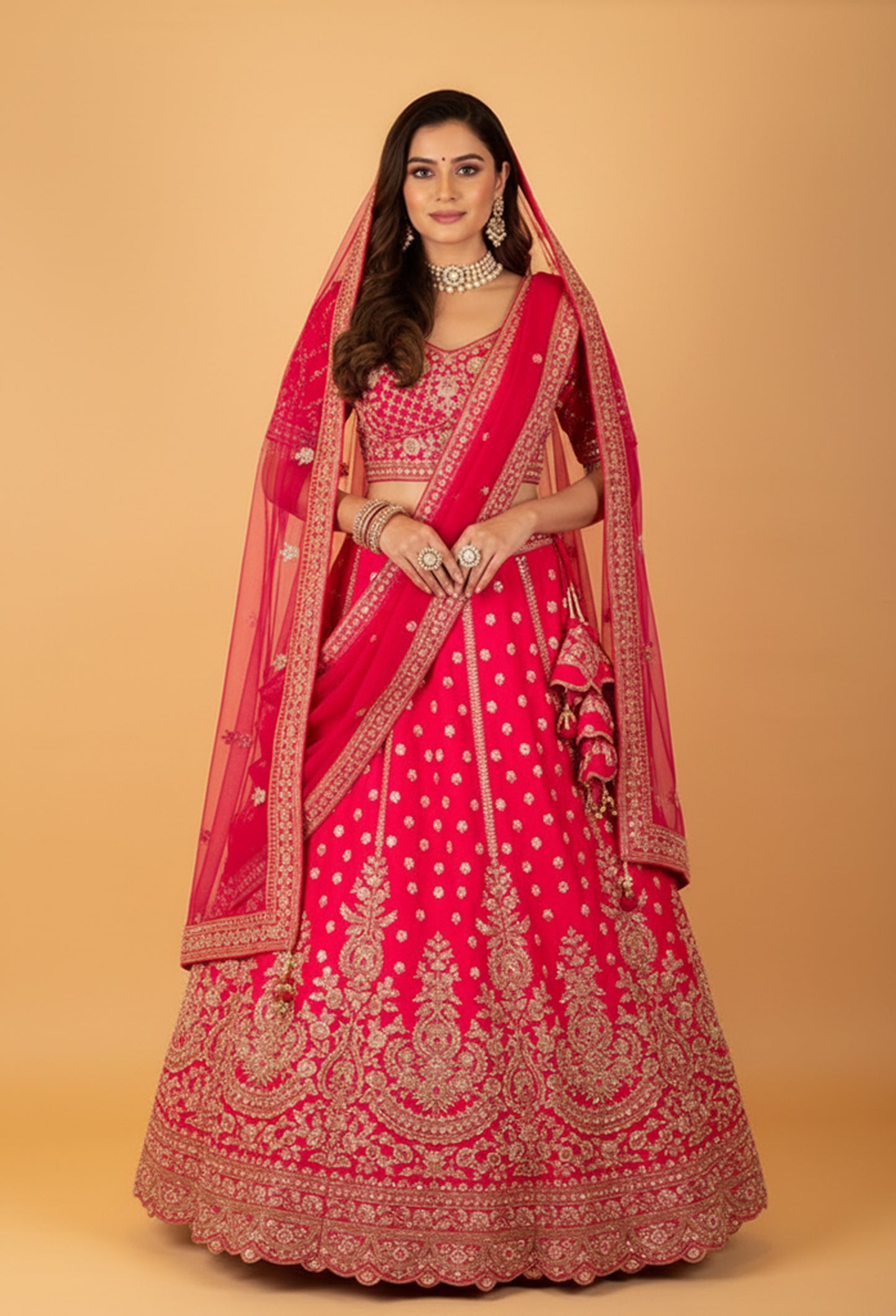 Red Bridal Embroidered Crop Top Lehenga Set with Heavy Work & Net Dupatta