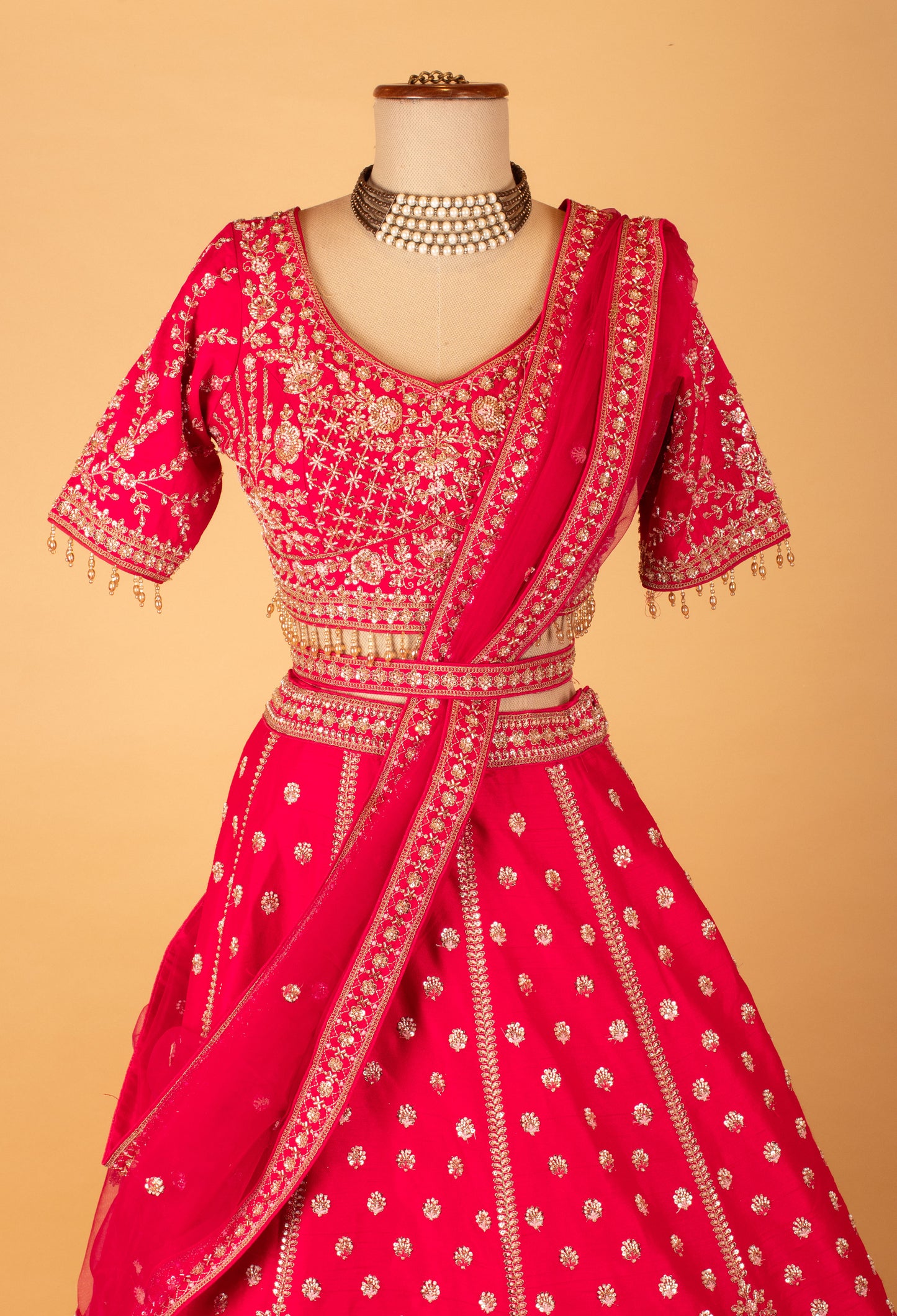 Red Bridal Embroidered Crop Top Lehenga Set with Heavy Work & Net Dupatta