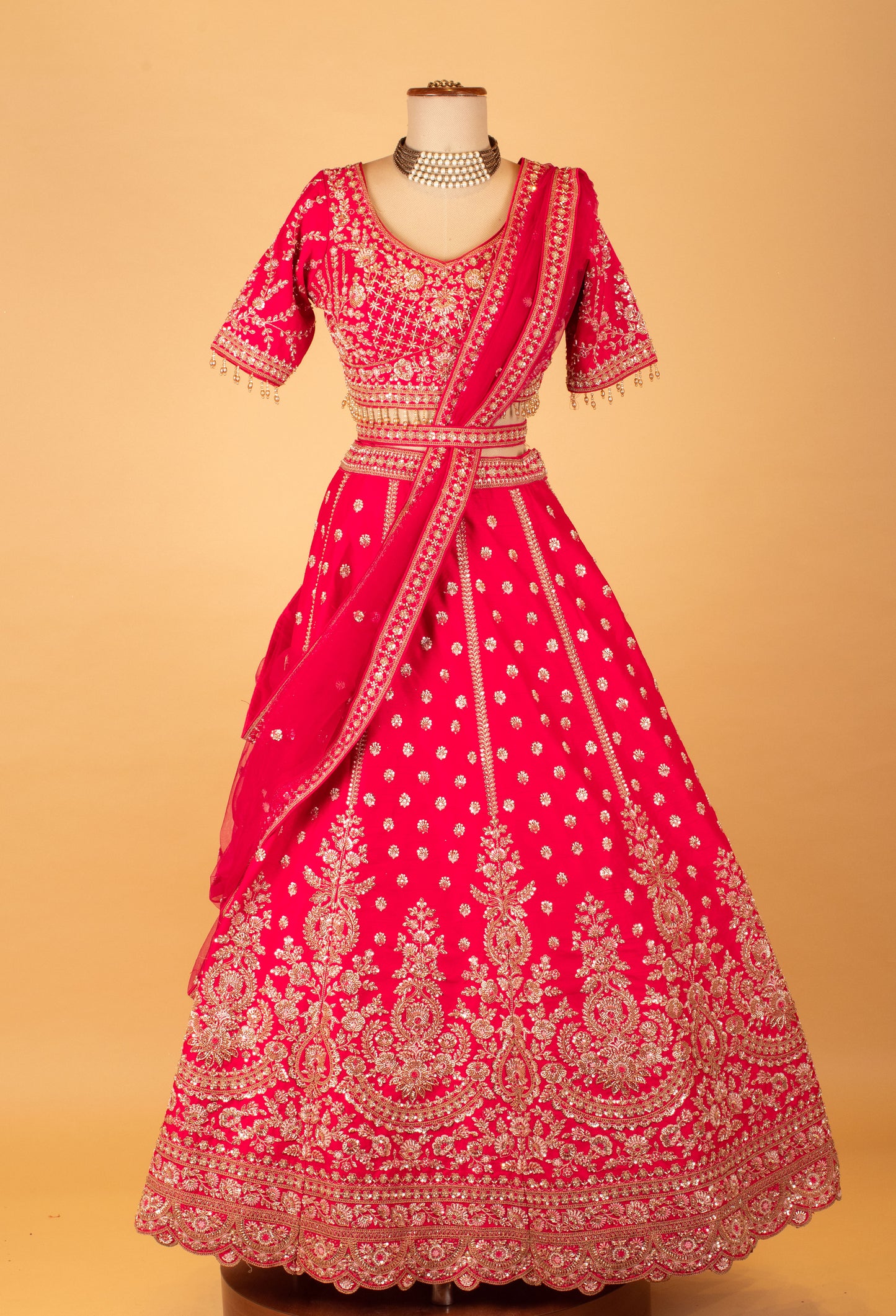 Red Bridal Embroidered Crop Top Lehenga Set with Heavy Work & Net Dupatta