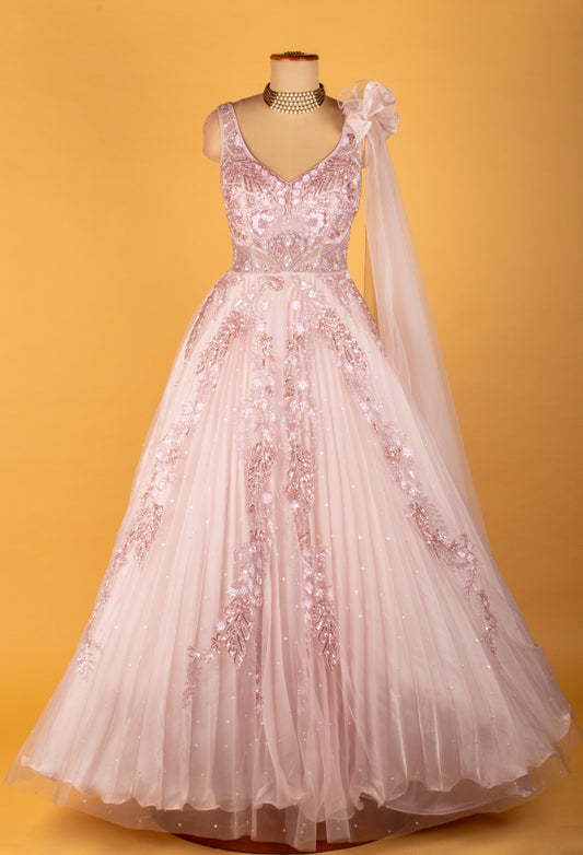 Blush pink embellished ball gown with floral sequin work – product image 2