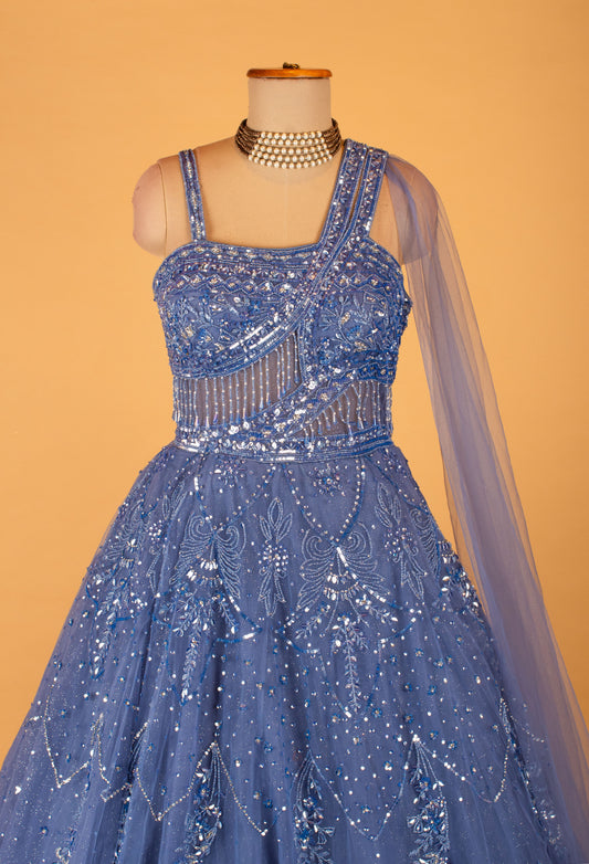 Royal blue embellished ball gown with dupatta – product image 2