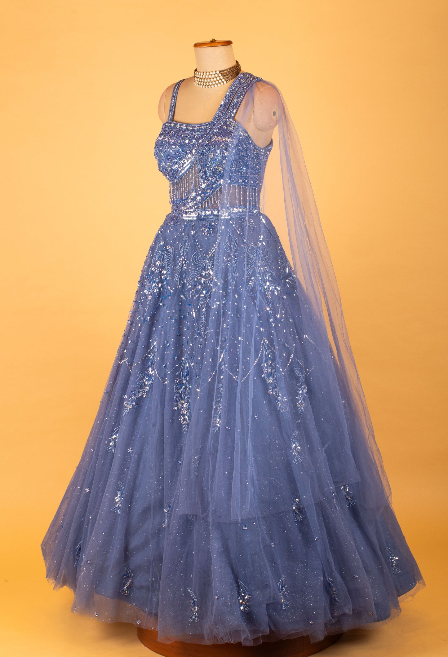 Women’s Royal Blue Embellished Ball Gown with Dupatta | Party & Reception Designer Dress