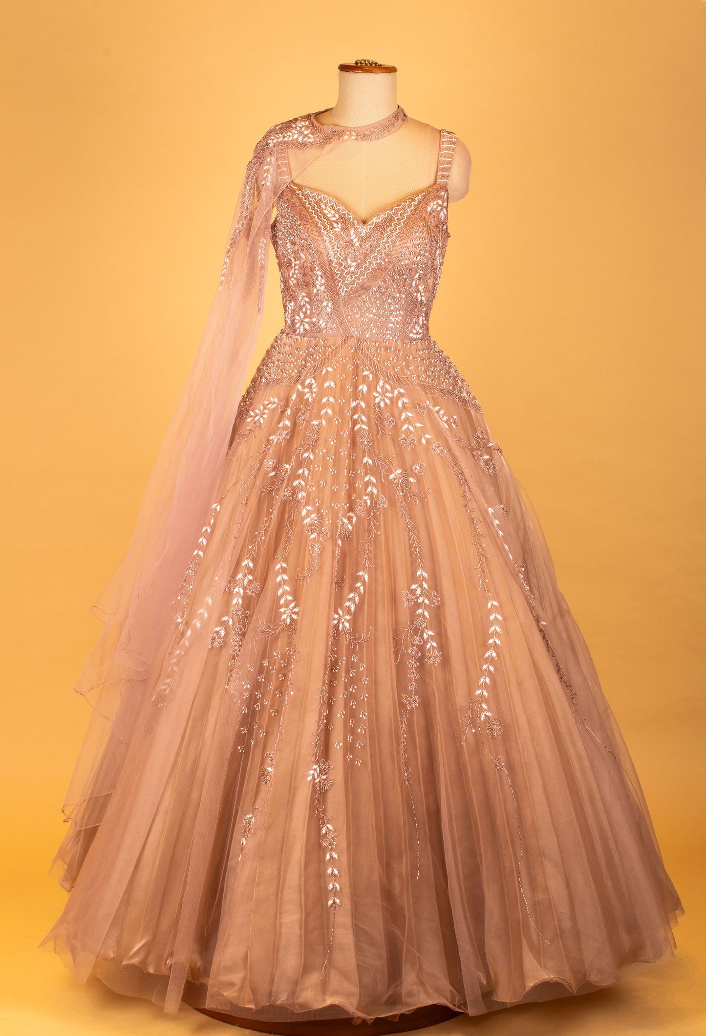 Women’s Champagne Gold Embellished Ball Gown Dress | Premium Reception & Engagement Wear