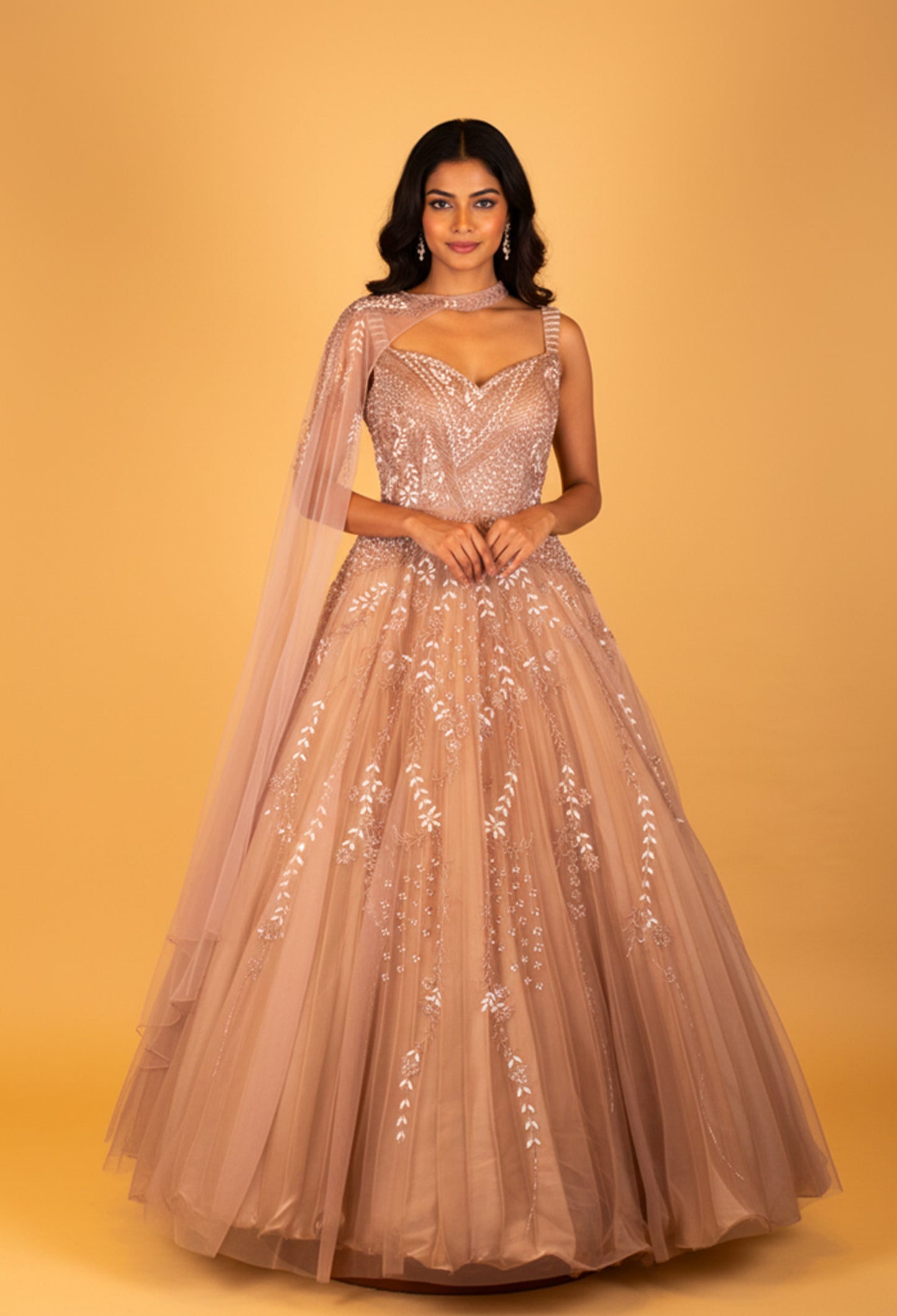 Women’s Champagne Gold Embellished Ball Gown Dress | Premium Reception & Engagement Wear