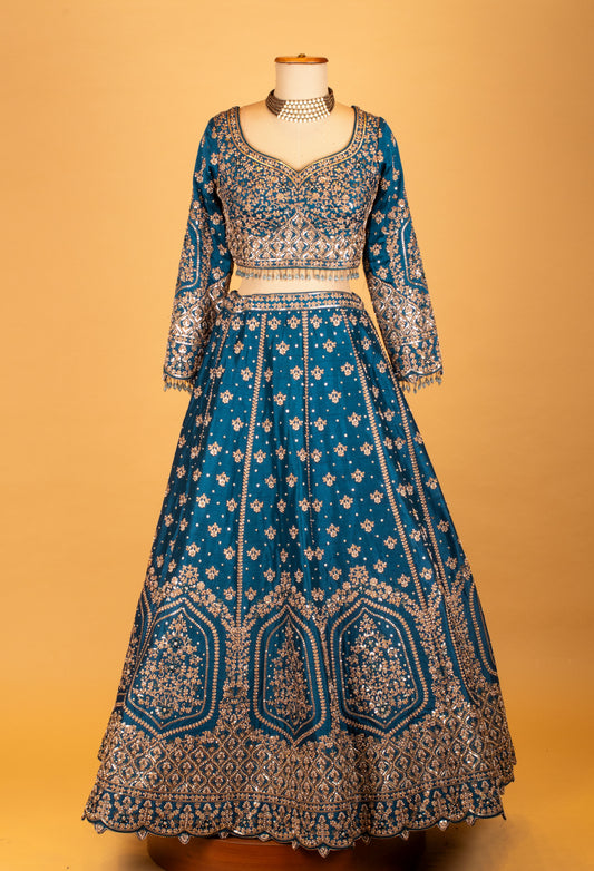 Teal blue heavy embroidered bridal lehenga with full-sleeve blouse – product image 2