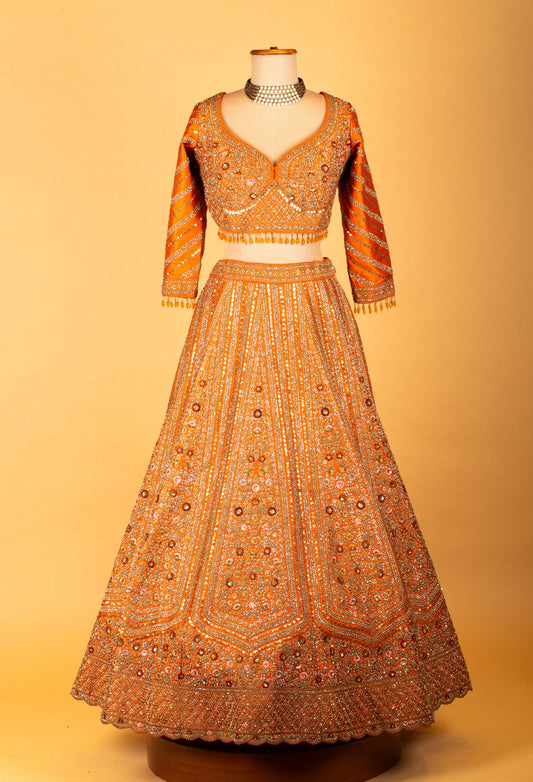 Orange heavy embroidered bridal lehenga with scalloped dupatta – product image 2