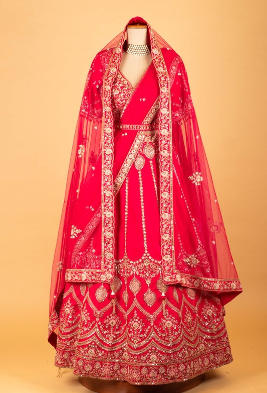 Red heavy bridal embroidered lehenga choli with dupatta – product image 2