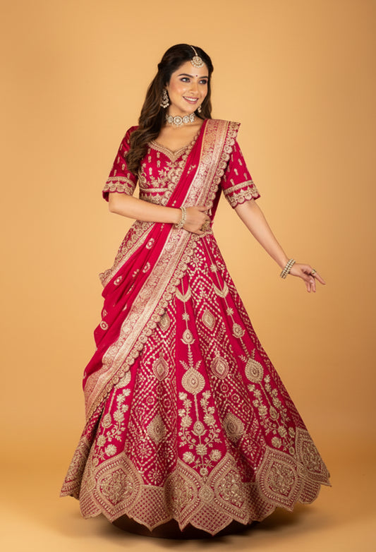 Women’s Rani Pink Heavy Zari Embroidered Bridal Lehenga Choli with Dupatta | Premium Wedding & Designer Bridal Wear