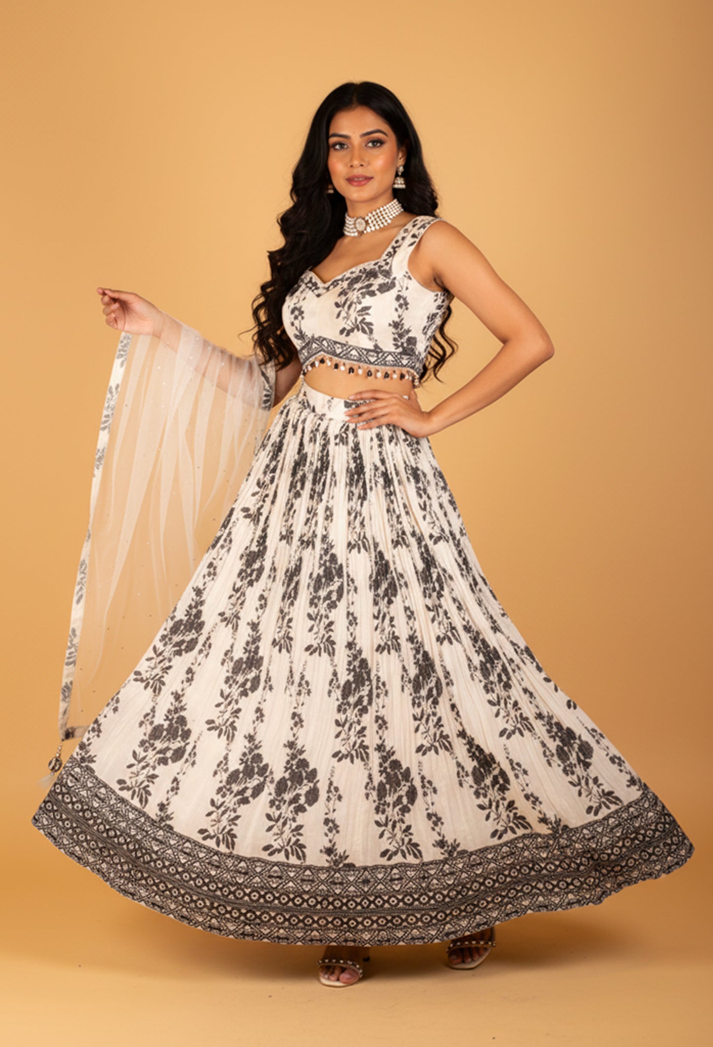 Women’s Black & White Printed Lehenga Choli with Dupatta | Festive & Partywear Ethnic Set
