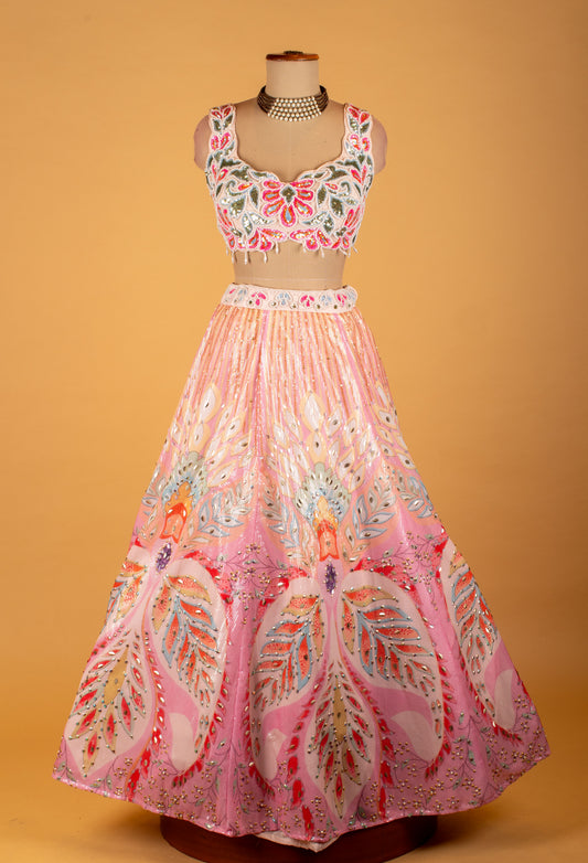 Pastel pink multicolor printed lehenga choli with net dupatta – product image 2
