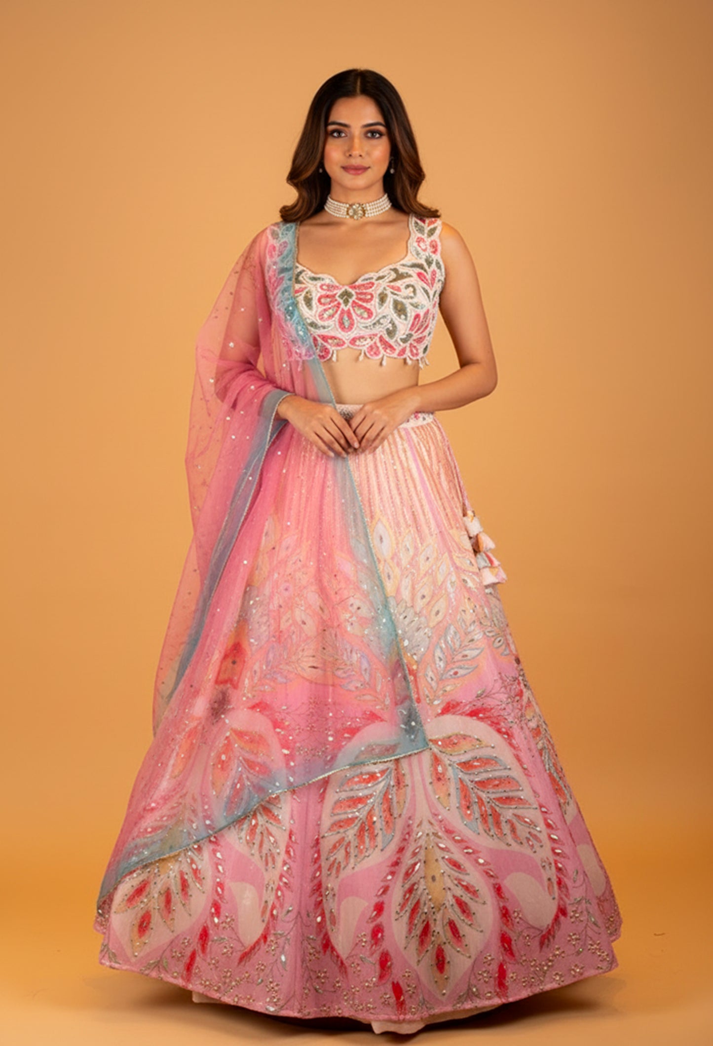 Pastel Pink Multicolor Printed Designer Lehenga Choli with Sequin Work & Net Dupatta – Festive & Bridesmaid Wear