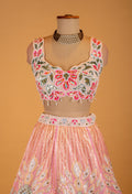 Pastel Pink Multicolor Printed Designer Lehenga Choli with Sequin Work & Net Dupatta – Festive & Bridesmaid Wear