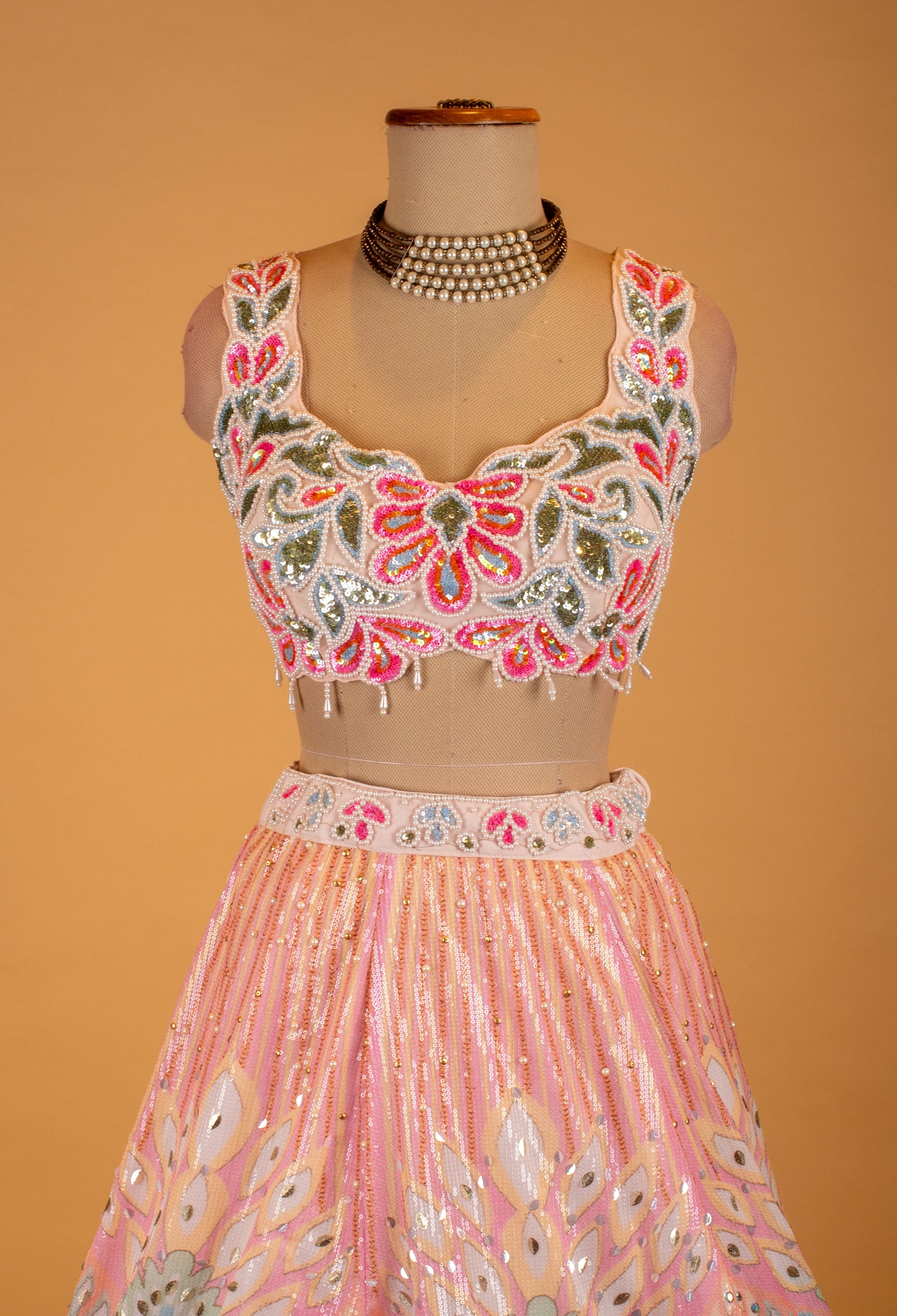 Pastel Pink Multicolor Printed Designer Lehenga Choli with Sequin Work & Net Dupatta – Festive & Bridesmaid Wear