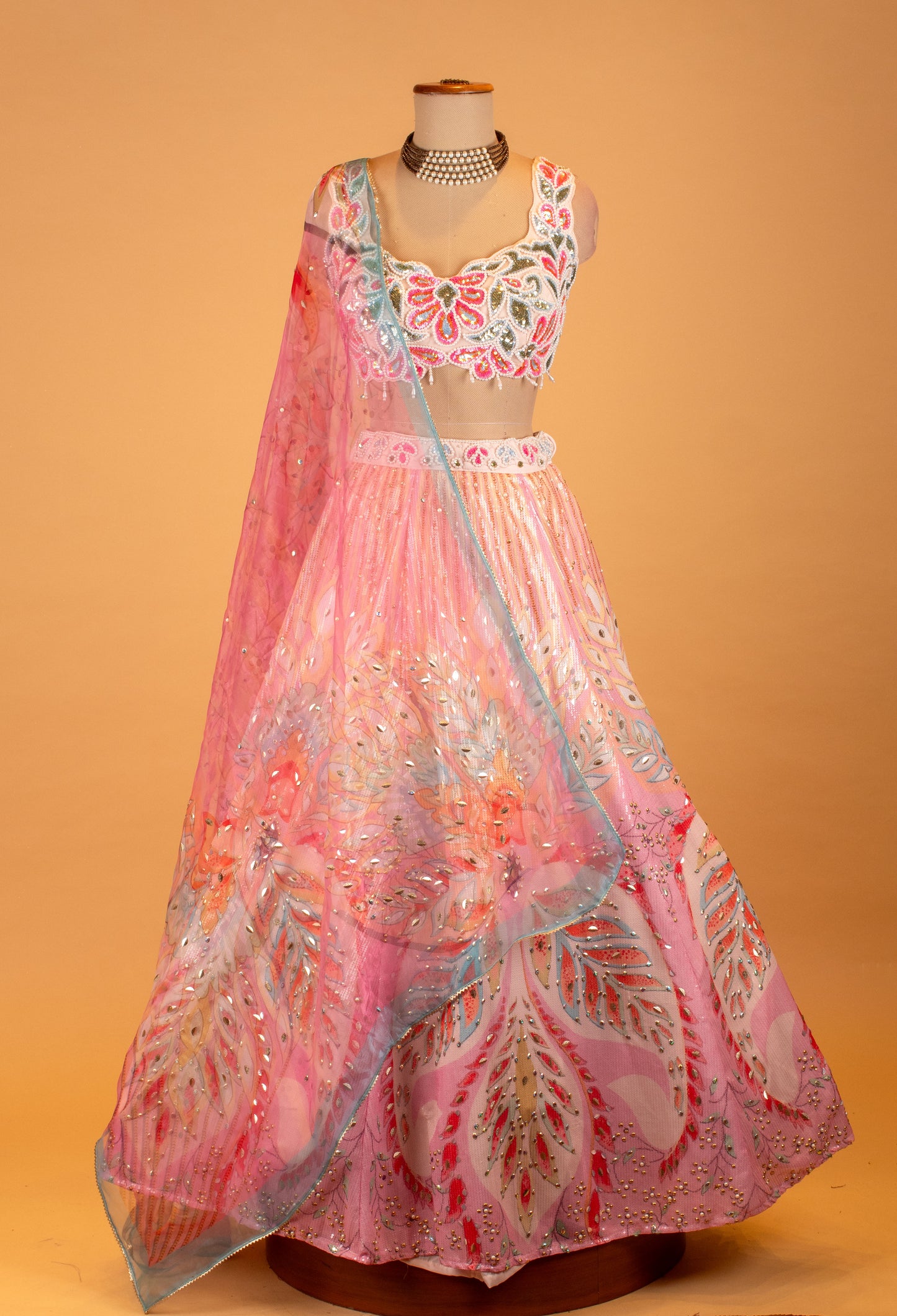 Pastel Pink Multicolor Printed Designer Lehenga Choli with Sequin Work & Net Dupatta – Festive & Bridesmaid Wear