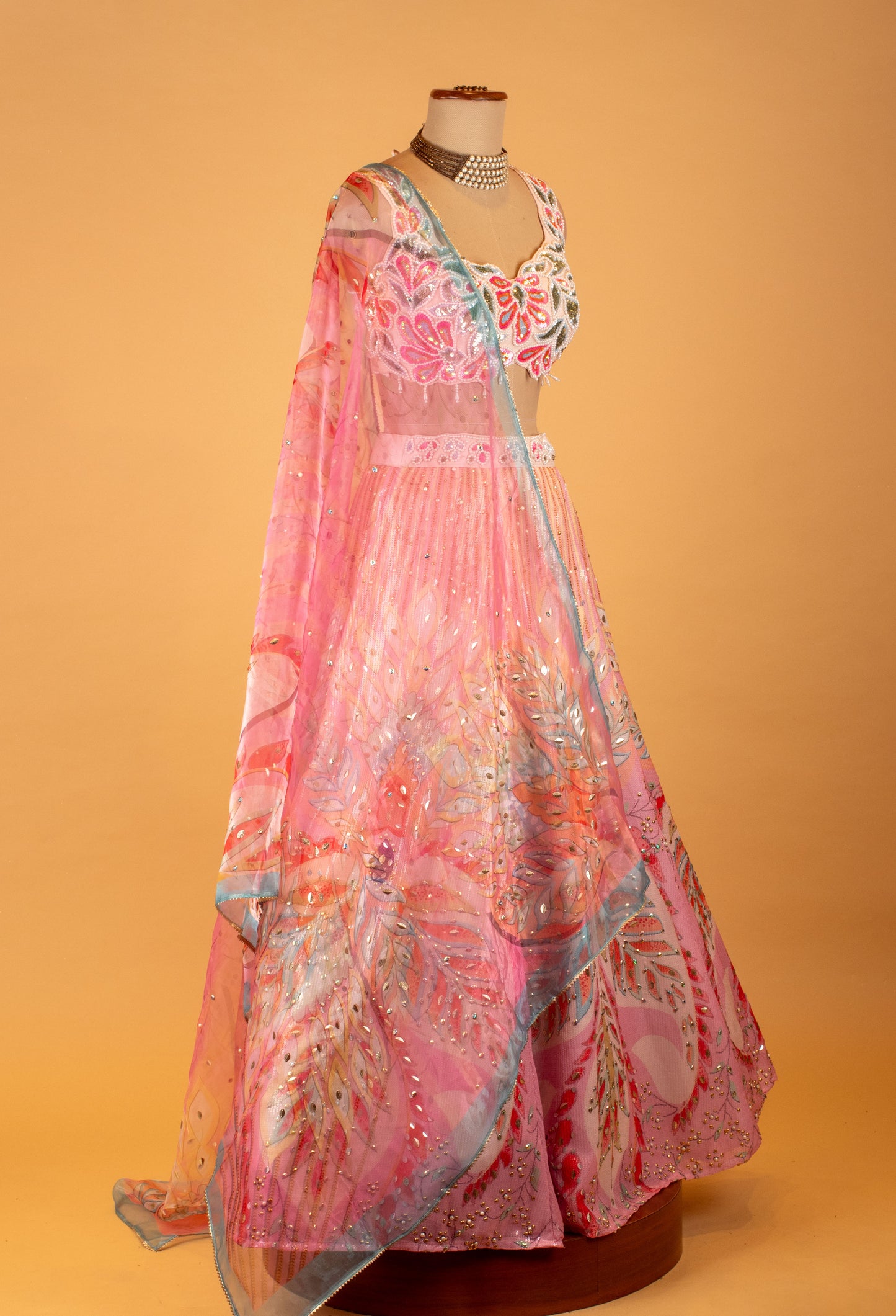 Pastel Pink Multicolor Printed Designer Lehenga Choli with Sequin Work & Net Dupatta – Festive & Bridesmaid Wear