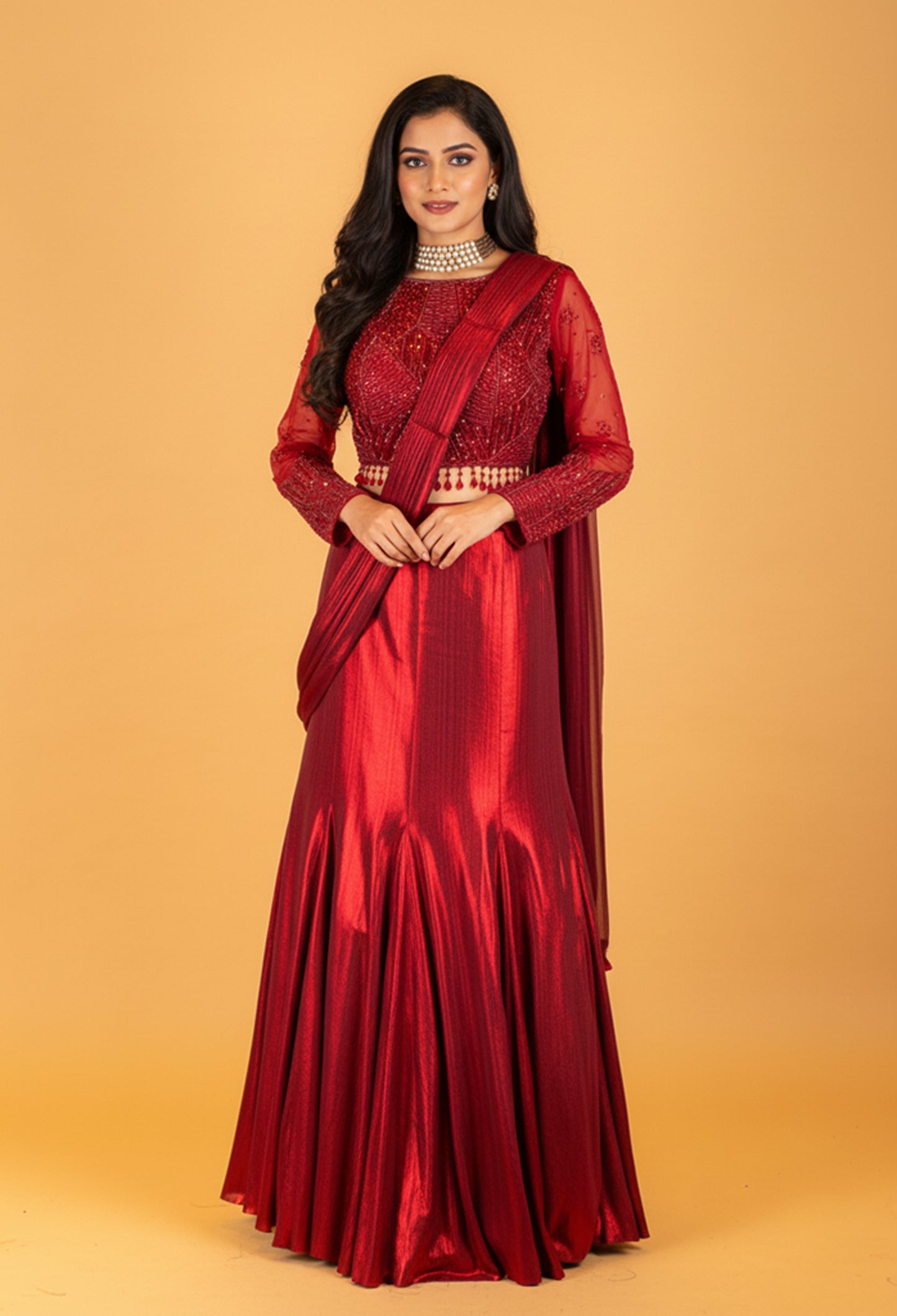 Women’s Red Designer Mermaid Lehenga Set with Embellished Blouse & Dupatta | Party & Wedding Wear