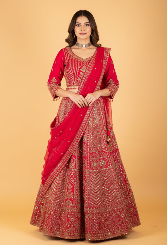 Women’s Rani Pink Heavy Zardozi Embroidered Bridal Lehenga Choli with Dupatta | Luxury Wedding Couture