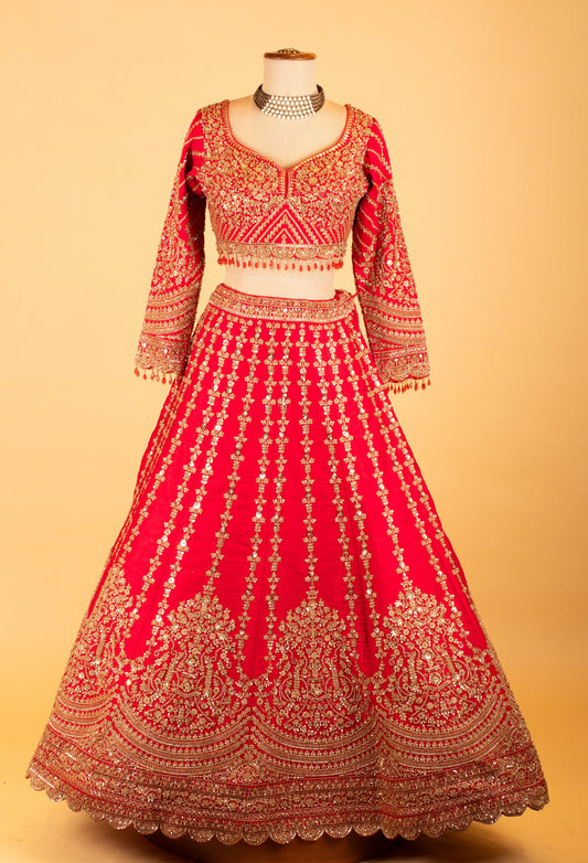 Red heavy zari and sequin bridal lehenga with scalloped dupatta – product image 2