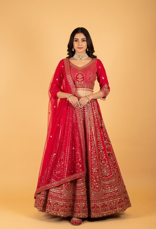 Women’s Rani Pink Heavy Bridal Zari & Sequin Embroidered Lehenga Choli with Dupatta | Royal Wedding Couture