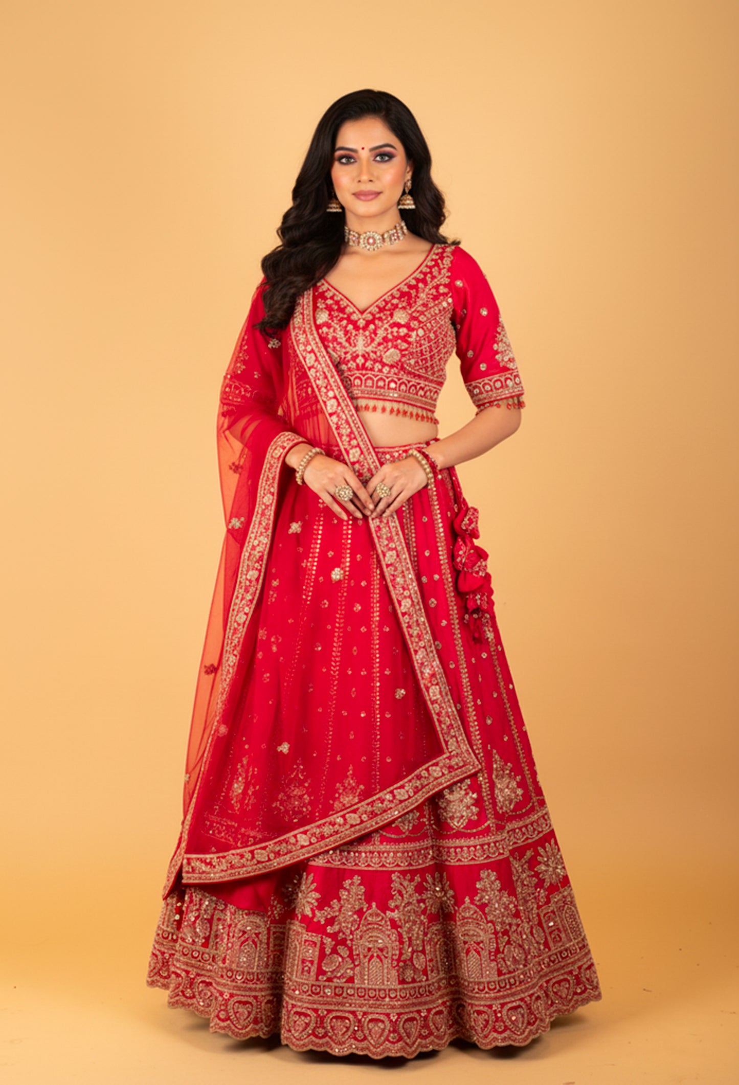 Women’s Red Heavy Bridal Zari & Sequin Embroidered Lehenga Choli with Dupatta | Premium Wedding Couture