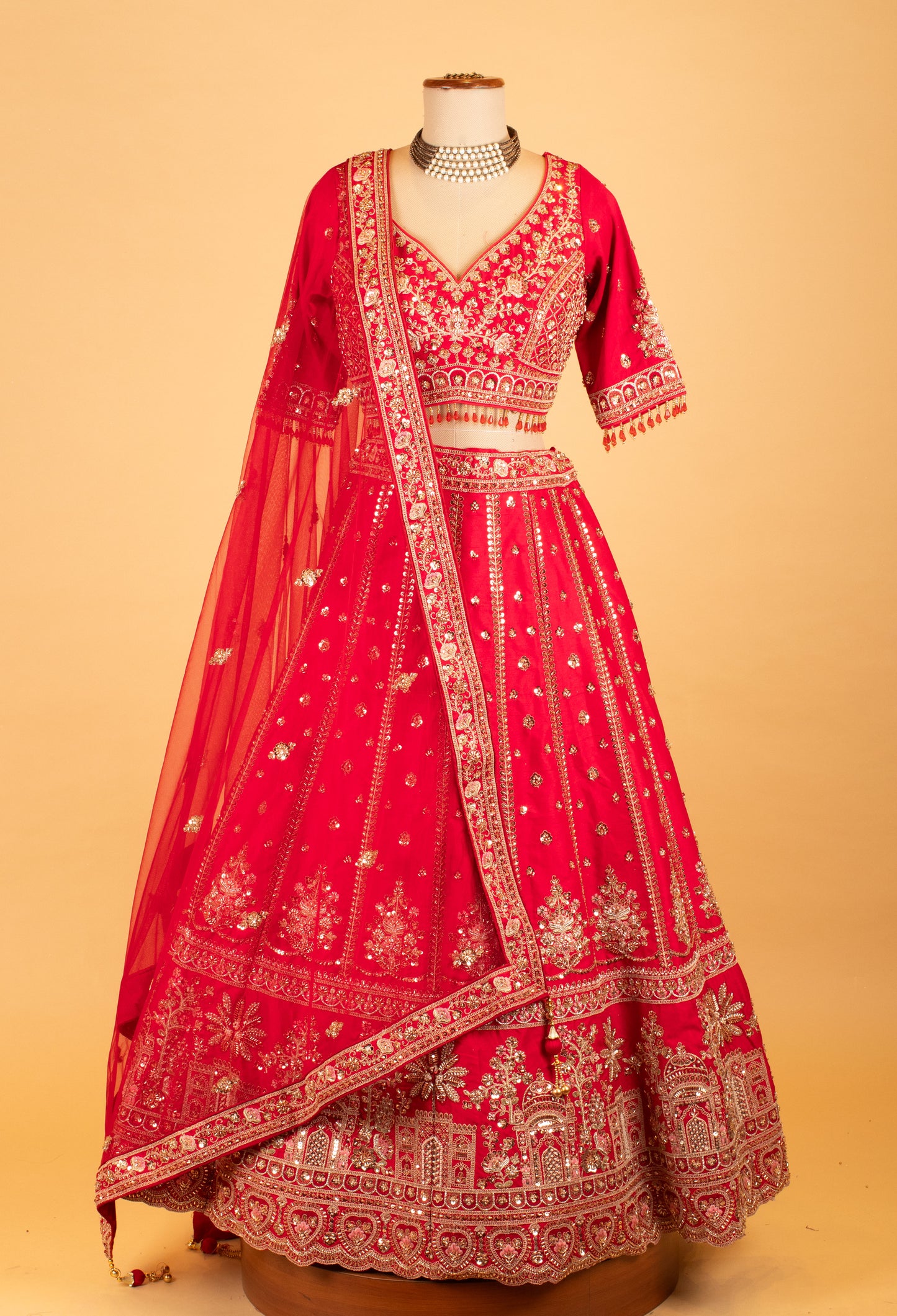 Women’s Red Heavy Bridal Zari & Sequin Embroidered Lehenga Choli with Dupatta | Premium Wedding Couture