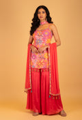 Vibrant Floral Embroidered Sharara Set in Pink & Orange – Party Wear Indo-Western Outfit