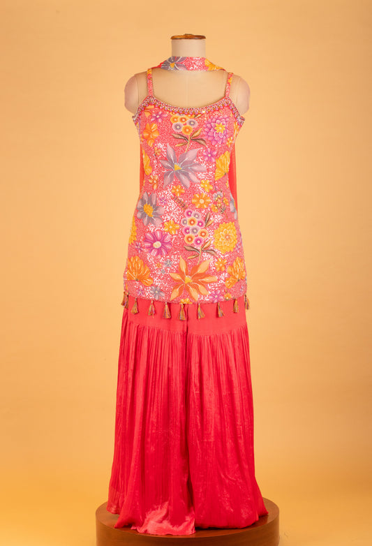 Pink and orange floral embroidered sharara set for women – product image 2